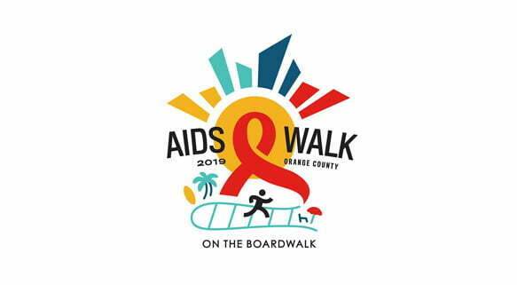 Logotipo de la Caminata contra el SIDA del Condado de Orange 2019 en el paseo marítimo