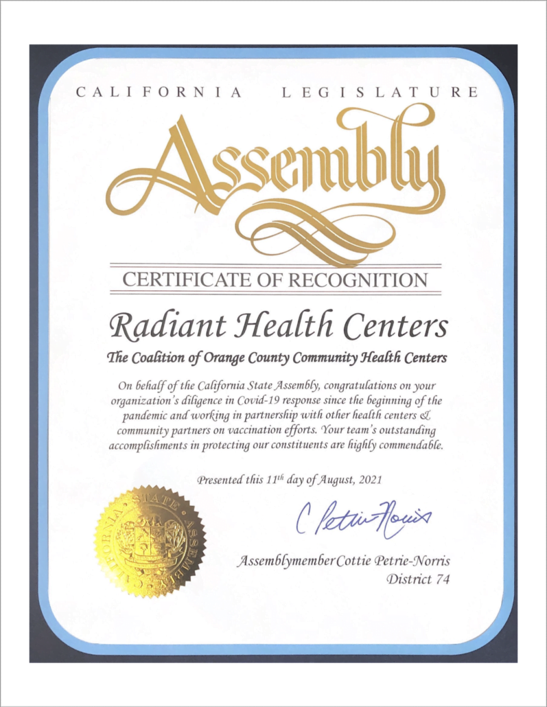 Certificado de reconocimiento de la Asamblea del Estado de California