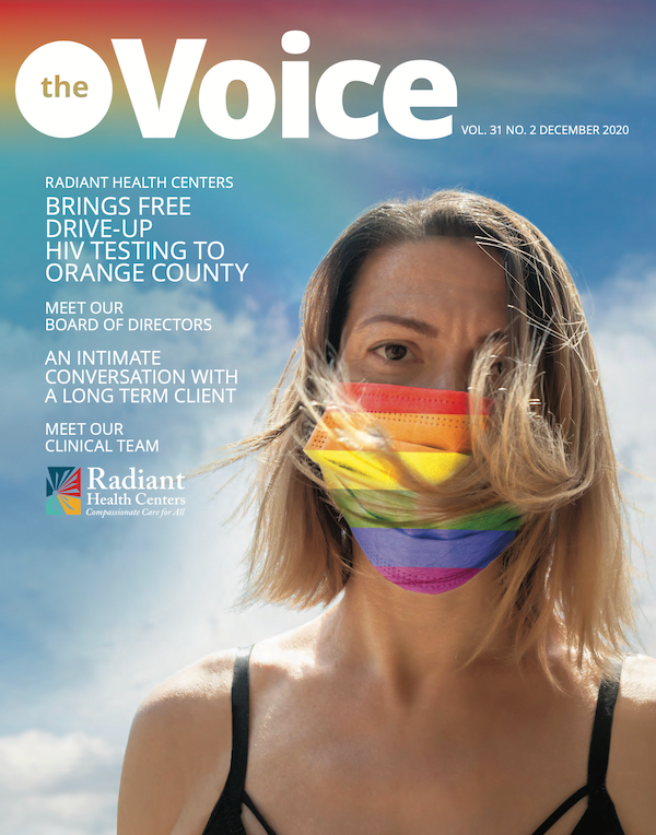 Woman in pride mask at HIV testing center